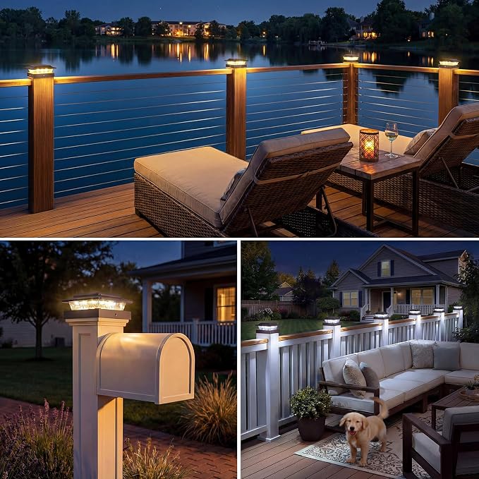 kolpop 4x4 Solar Post Cap Lights Outdoor 2Pack- 3 Color Temperatures&2 Level Brightness, IP65 Waterproof, 16 LED Fence Deck Post Light Solar Powered Only for 4×4/3.5×3.5 Wood/Vinyl Posts(Brown)