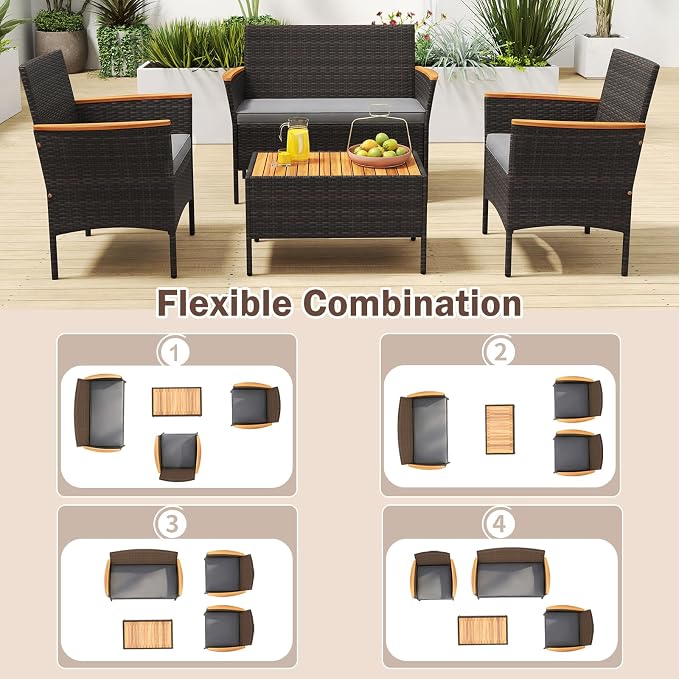 Tangkula 4 Pieces Patio Wicker Sofa Set, 2 Rattan Chairs & Loveseat w/Coffee Table, Acacia Wood Armrests & Tabletop, Outdoor Cushioned Conversation Set for Backyard, Poolside (Gray, 4 Pieces)