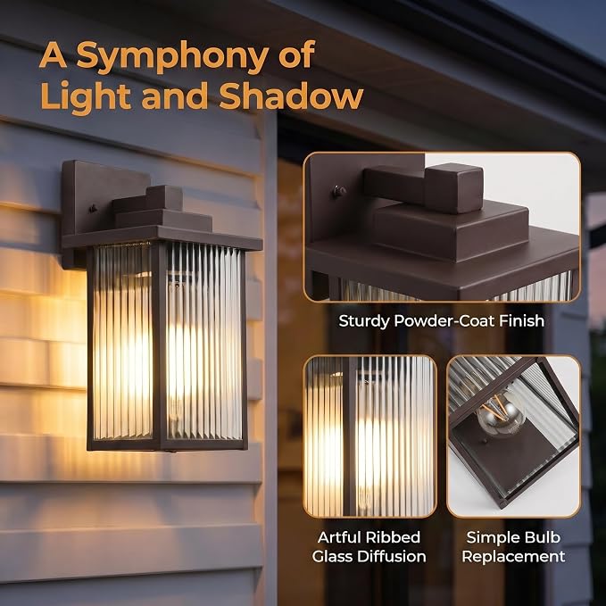 2-Pack 13" Oil-Rubbed Bronze Outdoor Wall Light, All-Metal Porch Light | Textured Glass Softens Glare, Stays Bright. Rust-Resistant Bronze Metal. Pre-Assembled DIY Install. For Porch, Garage & Entry