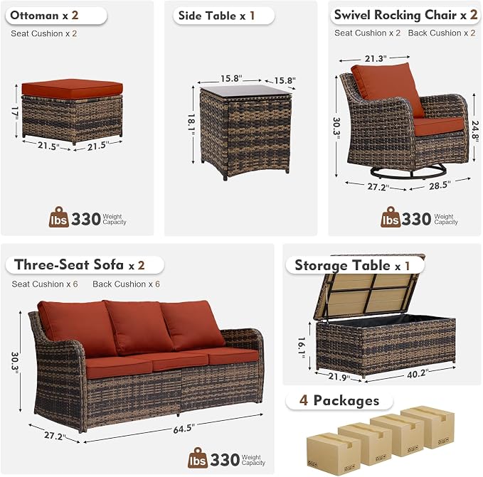 MEISSALIVVE Outdoor Patio Furniture Set with Swivel Chair, 8 Pieces Patio Conversation Set, Patio Sectional Furniture Set with 2 Three-seat Sofa, 2 Ottomans and Coffee Table (Red)