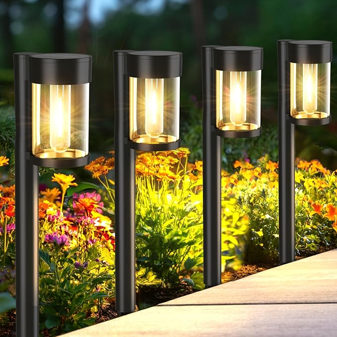 Mancra Solar Pathway Lights Outdoor, 10 Pack Metal & Glass Solar Lights Outdoor Waterproof Landscape Path Lights for Yard Walkway Garden Decor, Warm White