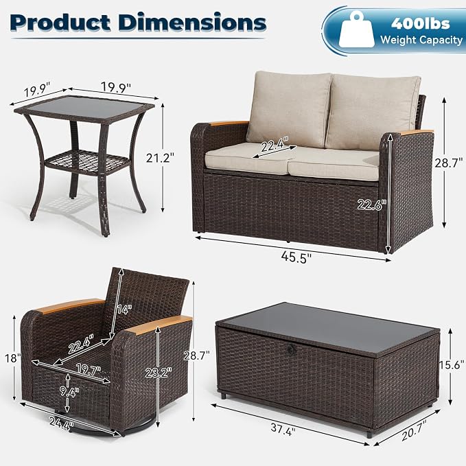 6 Pieces Outdoor Furniture Set with Swivel Chairs, Wicker Patio Furniture Sofa Couch for Porch Deck Bistro Lawn Garden Backyard Poolside-Brown Rattan/Khaki