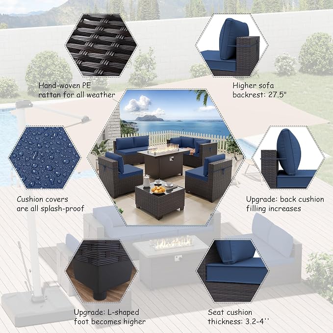 ALAULM 8 Pieces Patio Furniture Set with Aluminum Fire Pit Table Outdoor Furniture Sets 55000BTU Gas Fire Pit Brown PE Rattan Wicker Patio Conversation Sets w/6 Cushions-DarkBlue
