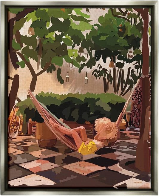 'Woman Lounging Hammock Tropical Summer'| Floating Frame Canvas Art | Stupell Industries | Gray, 17 x 21 Inches, Easy to Hang and Sturdy, Made in USA, by Amelia Noyes