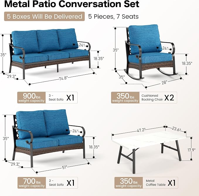 SUNSHINE VALLEY 5 Piece Metal Outdoor Patio Furniture Set, Patio Conversation Sets 3-Seater Sofa, 2-Seater Sofa, 2 Rocking Chair with 5.75" Thick Cushion & Coffee Table Backyard Furniture, Blue-2