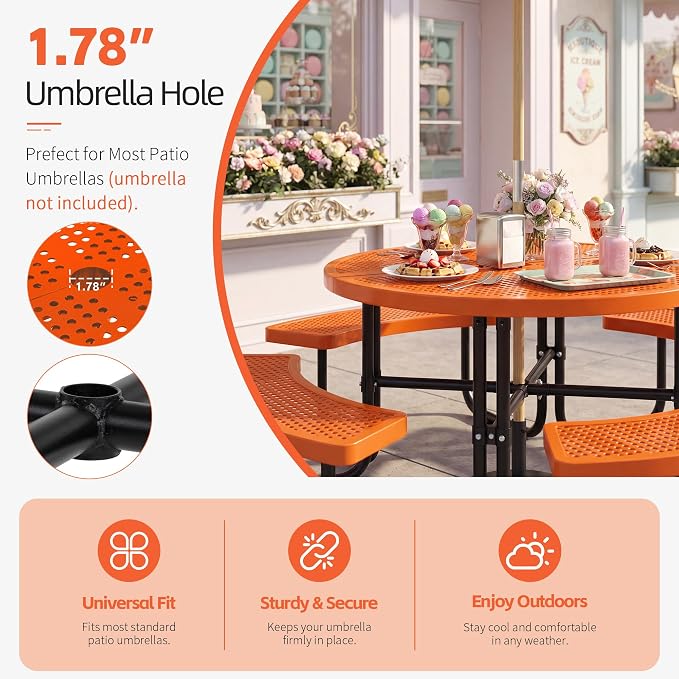 46" Outdoor Round Perforated Picnic Table Metal Camping Table with Umbrella Hole - Heavy Duty Steel Mesh Picnic Bench Set for Backyard Garden Deck, Orange