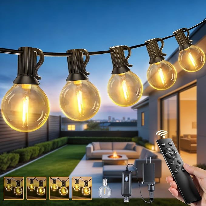 30FT Outdoor String Lights with Remote, Waterproof Connectable Dimmable G40 Patio Lights with 12+1 Shatterproof Edison LED Bulbs Plug in, Hanging Light for Outside Backyard Deck Garage Decor