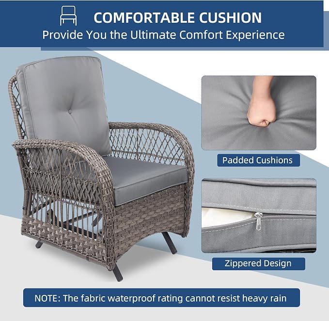 Outdoor Wicker Glider Rocker Chair Set of 2, Patio Rattan Gliding Rocking Chairs with Thickened Cushions, All-Weather Wicker Furniture Sets for Porch Garden & Backyard, Gray