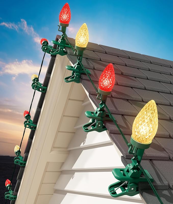 C9 Christmas Lights Outdoor, 102FT 150 LED String Lights with Spring Clips | Waterproof Connectable Commercial Grade Christmas Tree Lights for Outside Roofline Patio Yard Home Xmas Decor, Red|Warm White