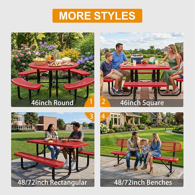 6ft Rectangular Picnic Table – Heavy-Duty Metal Mesh Outdoor Dining Table, Thermoplastic Coated Steel, Outdoor Living, Parks & Schools (red)