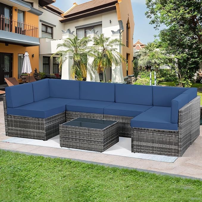 U-MAX 7 Piece Outdoor Patio Furniture Set, PE Rattan Outdoor Wicker Sectional Furniture Chair Set with Cushions and Tea Table, Grey Rattan and Navy Cushion