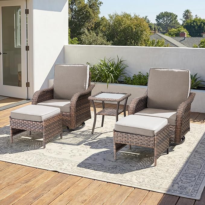 Patio Furniture Set - 5 Pieces All Weather Wicker Outdoor Furniture with 2 Swivel Chairs, 2 Ottomans and Side Table, Ergonomic Design for Porch, Deck, Balcony, Garden, and Backyard(Beige)
