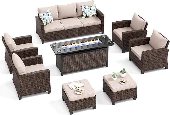 MIXPATIO Patio Furniture Set, 8 Pcs Wicker Rattan Outdoor Conversation Set, 4 x Leg Chairs, 1 x 3 Seater Sofa and 2 x Ottoman with 4" Thick Cushion and 56" Fire Pit Table, Beige