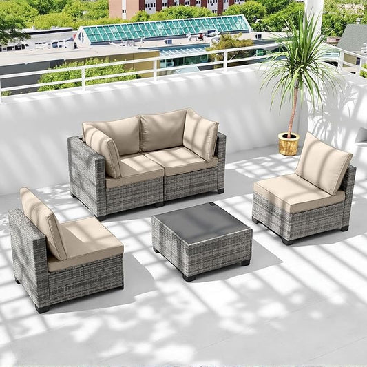 5-Piece Outdoor Patio Furniture Set, Gray PE Rattan Sectional Sofa with Dark Khaki Cushions and Steel Frame, Coffee Table Included, Modular Outdoor Conversation Set for Patio Garden Poolside