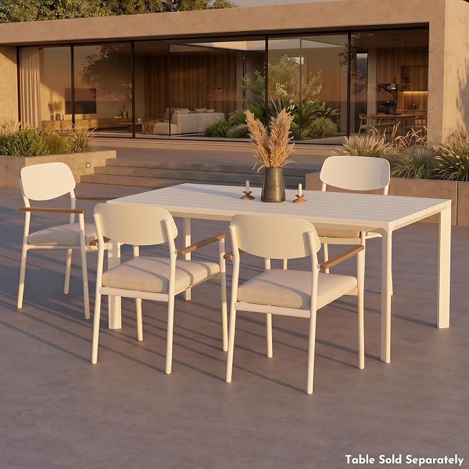 Modern Shade Lusso Outdoor Dining Chairs Set of 4, Fade Resistant, All-Aluminum Outdoor Chairs with FSC Teak Wood Armrests, Weather-Resistant Patio Chair with Quick Dry Cushion, White