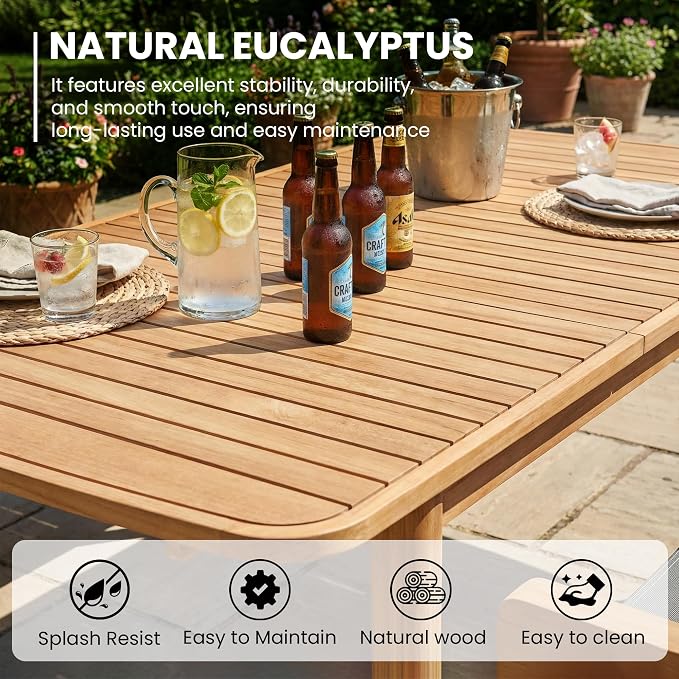 Extendable Outdoor Dining Table, Weather-Resistant Wood Patio Dining Table for 6-8 Person, 67.5"-89.5" Expandable Table with Self-Storing Leaf for Host/Backyard/Porch/Dining Room, Natural
