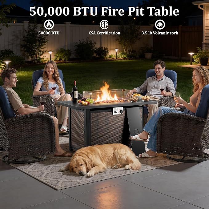 Outdoor Swivel Rocking Chair Patio Set (8pcs) High-Back - Thick Cushion Swivel Rocking Chair Patio with Fire Table Set, All-Weather Wicker Patio Furniture Set, Suitable for Balcony Patios, Brown/Gery