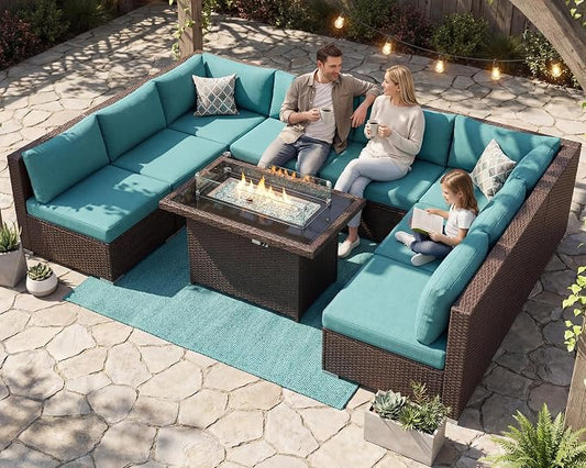 BULEXYARD 9 Piece High Back Outdoor Sectional Couch Set with Fire Pit, Elegant All-Weather Patio Furniture Set, Extra Large Size 8-Person Backyard Seating Group L-Shaped for Yard, Deck, Brown & Teal