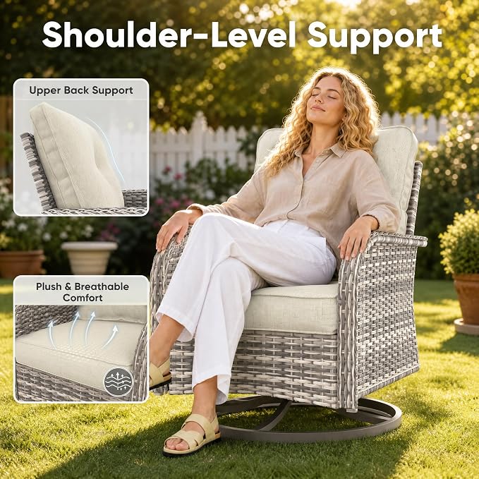 12-Piece Small Patio Furniture Set, Outdoor Swivel Rocking Chairs Set with 55,000 BTU Fire Pit Table Wicker Chairs and Ottomans, Patio Bistro Set for Balcony, Deck, Porch, Ivory