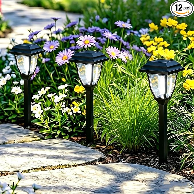 Solar Pathway Lights 12 Pack Mini Outdoor 3000K Bright Auto On/Off Solar Garden Lights Long Lasting Solar Powered Landscape Light for Path Yard Walkway Lawn Driveway Decor Lighting - Cool White