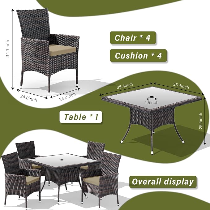 5 Pieces Outdoor Patio Dining Set,Patio Table and Chairs Rattan Outdoor Patio Furniture Set with Umbrella Hole,Dining Table Set for 4 with Chairs for Backyard,Garden and Kitchen,Brown