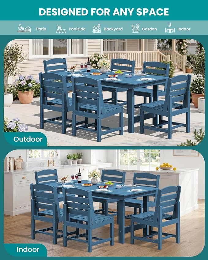 SERWALL HDPE Outdoor Dining Set for 10 with 2 Tables & 10 Chairs, Blue | 12-Piece HDPE Outdoor Dining Set for 10, All-Weather Resistant Dining Furniture
