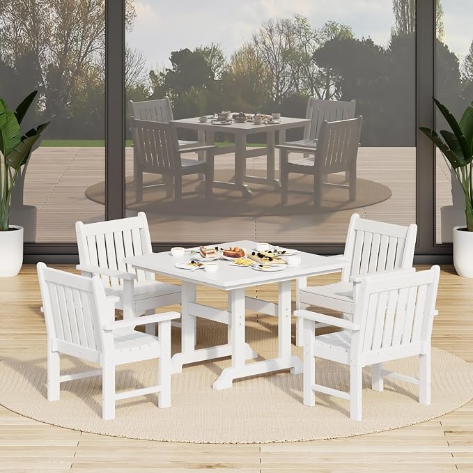 Costaelm Square Outdoor Dining Tables, 43'' Patio Table with Umbrella Hole for 4 Person, Balcony Outdoor Buffet Porch for Outside Lawn Porch Bistro Furniture, White