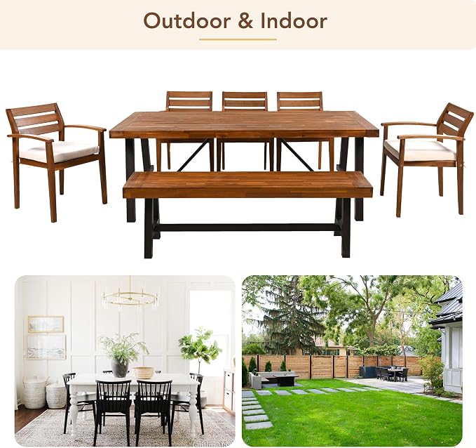 Merax 7 Pieces Patio Dining Table Set, Outdoor or Indoor Dining Furniture Set with 1 Table, 5 Wooden Chairs and 1 Bench, Ergonomic Chairs and Bench, Metal Frame for Garden, Backyard, Balcony, Brown