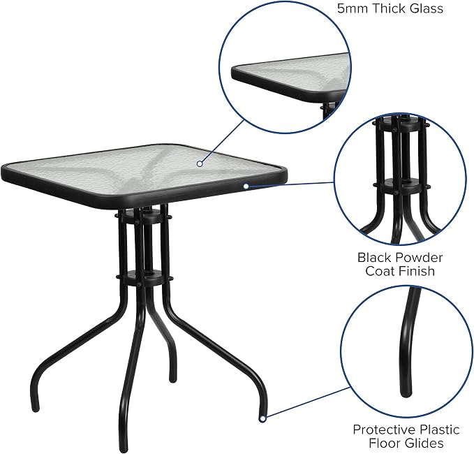 EMMA + OLIVER 23.5" Square Tempered Glass Metal Table
