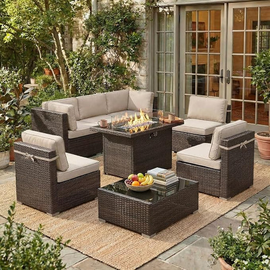 LayinSun 8 Pieces Outdoor Patio Furniture Set with 44" Fire Pit Table Brown Rattan Sectional Sofa Conversation Sets