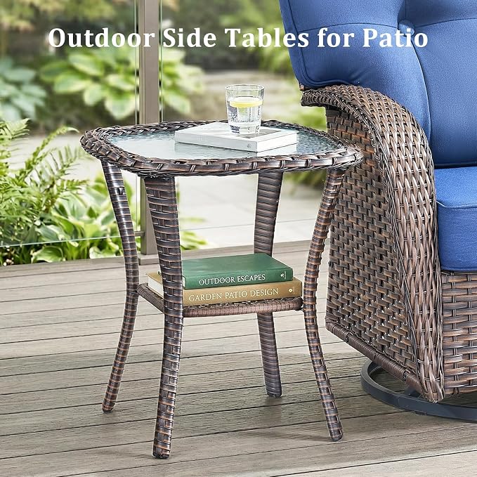 7 Piece Outdoor Patio Furniture Set with 30" Fire Pit Table,Conversation Sectional Wicker Couch with Swivel Chairs,Modern Outside Sofa for Balcony Backyard, Brown/Blue