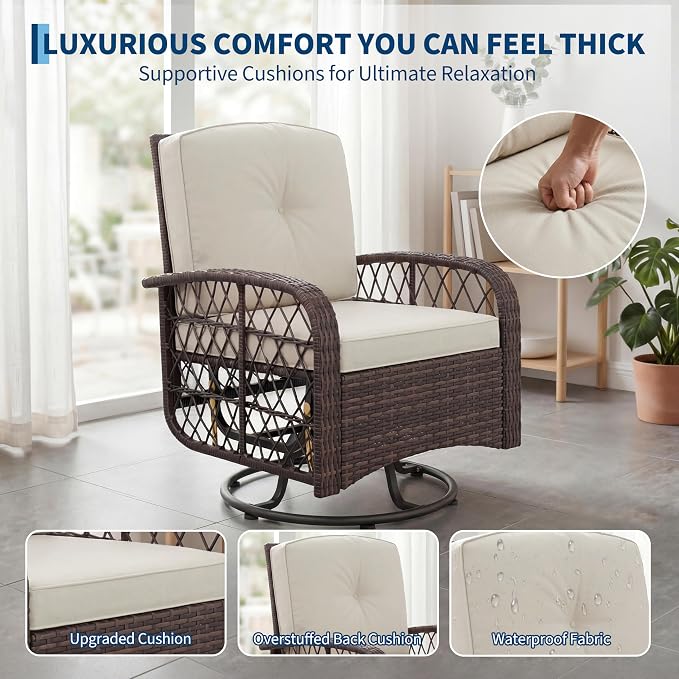 3 Pieces Patio Furniture Set, Outdoor Swivel Glider Rocker Set w/Washable Cushion and Tempered Glass Tabletop, Conversation Furniture for Deck Porch Balcony Backyard Garden,Brown & Beige