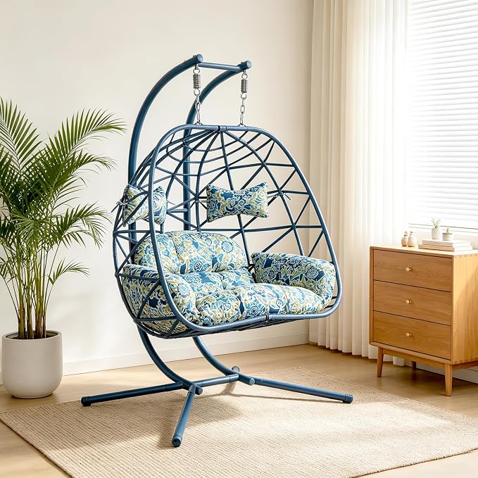 2 Person Double Hanging Egg Chair, Oversized Wicker Rattan Loveseat Swing Chair, Heavy Duty 600lbs Capacity, Foldable Basket Hammock Chair with Thick Cushion for Indoor Outdoor Patio Bedroom