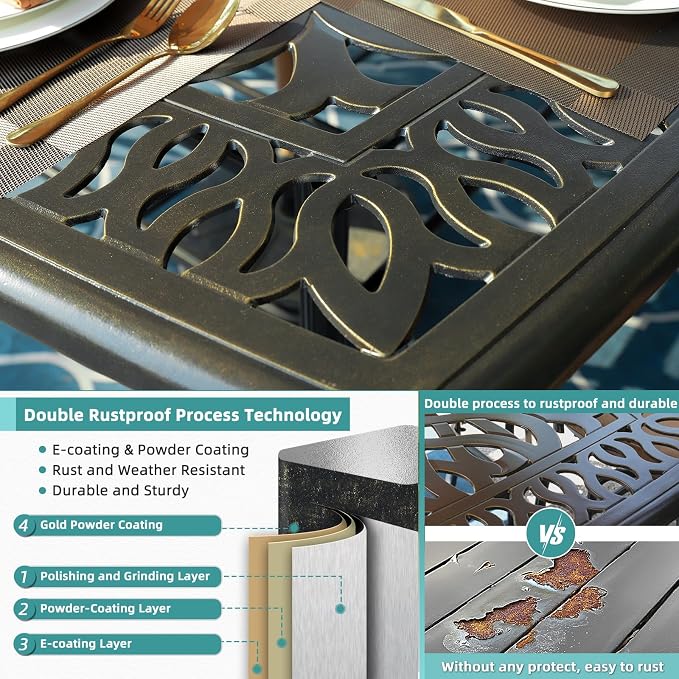 MEETWARM Patio High Bar Dining Table for 8 Person, All Weather Cast Aluminum 64" Large Square High Top Dining Table with 2.2" Umbrella Hole, Patio Bar Height Table for Garden Deck Backyard,Dark Bronze