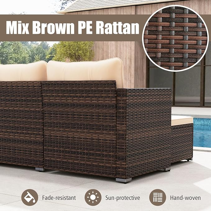 RELAX4LIFE Wicker Patio Furniture Set - PE Rattan L-Shaped Sectional Sofa Seating w/Soft Cushions, Tempered Glass Coffee Table, Outdoor Conversation Couch Set for Backyard Garden Porch Balcony