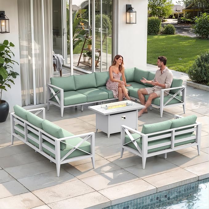 Large Patio Conversation Set with Fire Pit Table Outdoor Sectional Sofa Set for Backyard Deck Garden Seating