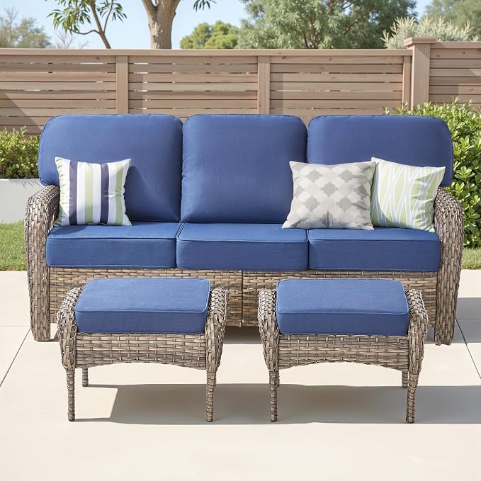 Patio Furniture Set, All Weather 3 PCS Wicker Outdoor Small Sectional Set, 5" Thick Rattan Conversation Set with 3-seat Sofa and Ottoman for Lawn, Garden, Blue/Gray Wicker