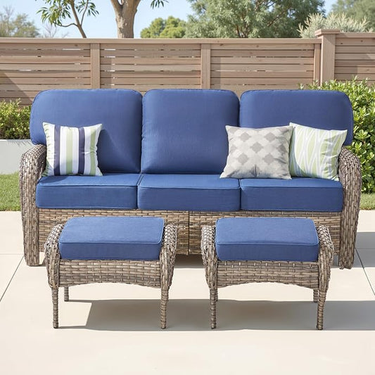 Patio Furniture Set, All Weather 3 PCS Wicker Outdoor Small Sectional Set, 5" Thick Rattan Conversation Set with 3-seat Sofa and Ottoman for Lawn, Garden, Blue/Gray Wicker