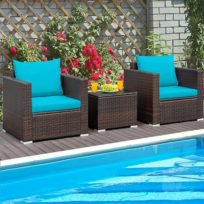 Patio Conversation Set Outdoor, 3-Piece Rattan Wicker Furniture Set with Water-Resistant Cushion & Tempered Glass Tabletop, Patio Furniture Set for Balcony, Porch, Poolside (Turquoise)