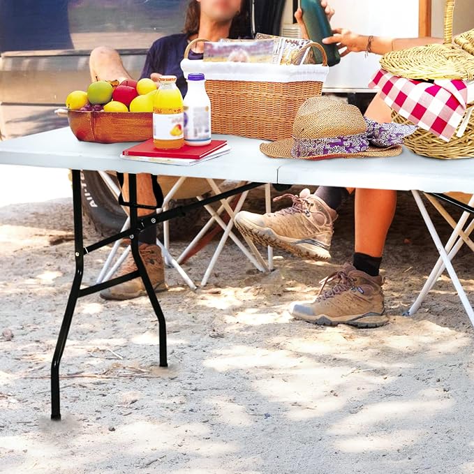 HCY 6 ft Folding Portable Table - White, Modern Design - Picnic, BBQ, Dining, Camping, Wedding - 500 lbs Capacity - Easy to Clean, Indoor/Outdoor Use