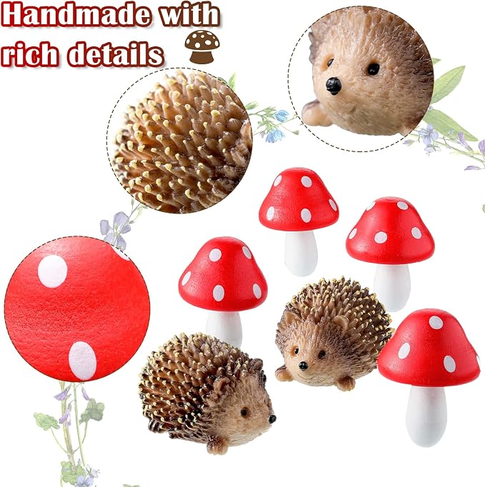 Queekay Resin Hedgehogs & Wood Mushroom Sculpture, Fairy Wild Garden Supplies, 6 Pieces, Red, Handmade Decor | Hedgehog & Mushroom Set, Plant Pot Bonsai Accent, Miniature Fairy Garden Figurines, Resin Craft, Indoor Outdoor Scene