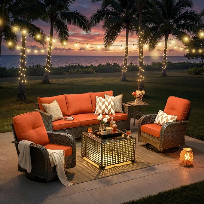 5-Piece Outdoor Patio Furniture Set with Swivel Chairs, Outdoor Conversation Wicker Sofa with Coffee Table, Rattan Couch for Deck, Backyard, Poolside (Orange)