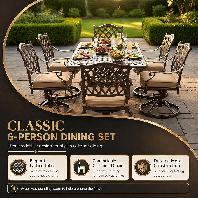 7 Piece Outdoor Dining Set Cast Aluminum, Retro Patio Dining Set for 6 Includes 59” Rectangular Table 6 Swivel Chairs with Thicker Cushions and Umbrella Hole for Patio Deck Garden