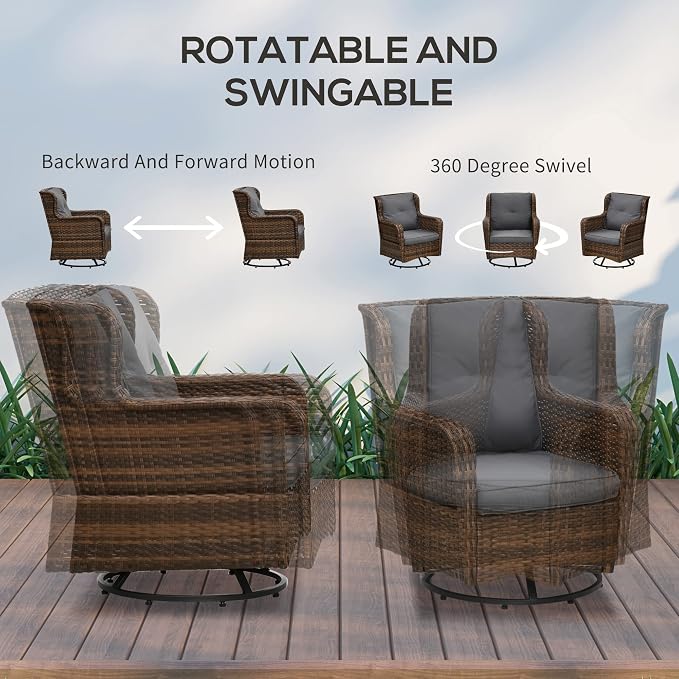 Outsunny 4 Piece PE Rattan Outdoor Patio Furniture Set, Wicker Conversation Set with 2 Swivel Glider Chairs, 2-Tier Glass Table and Loveseat for Garden, Patio, Poolside, Gray