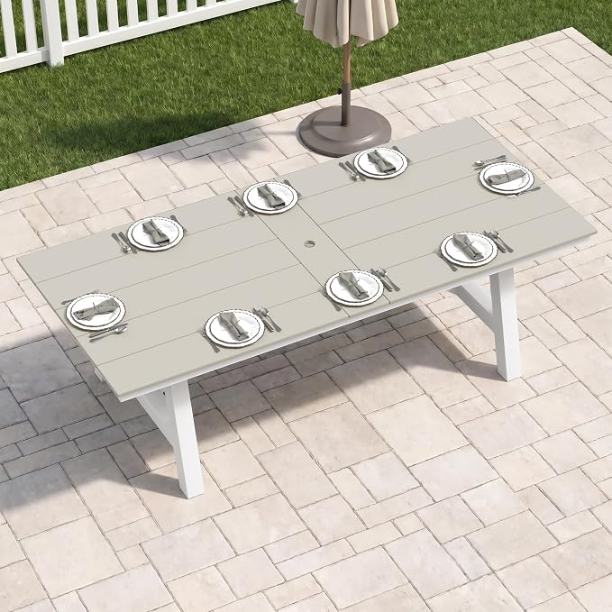 Costaelm Rectangle Patio Table, 8-Person Backyard Table 90" HDPE Dining Table with Umbrella Hole and Metal Frame for Outside, Garden, Poolside, Deck, Porch, Balcony, Sand