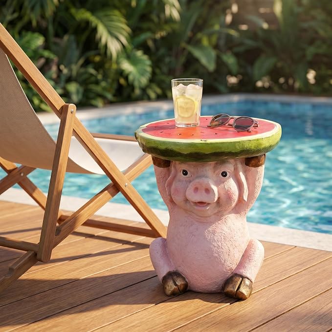 13.4 Inch Tall Pig Side Table Garden Decor Outdoor Resin Statue | Whimsical Watermelon Tray, Plant Stand, End Table Figurine, Weather Resistant
