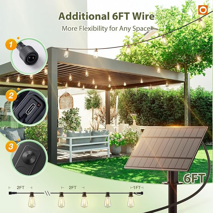 addlon 54(48+6)FT Solar String Lights Waterproof, with Remote& USB 24+2 LED | Shatterproof Bulbs Patio Lights Solar Powered, 3 Lighting Modes, Outdoor Lights for Camping Backyard Garden