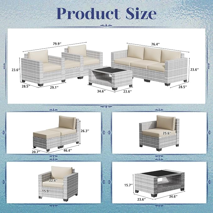 KIGOTY Patio Furniture Set 7 PCS Patio Conversation Sets, All-Weather PE Rattan Outdoor Sectional Sofa with Cushion and 2- Tier Glass Coffee Table（Grey White/Grey）