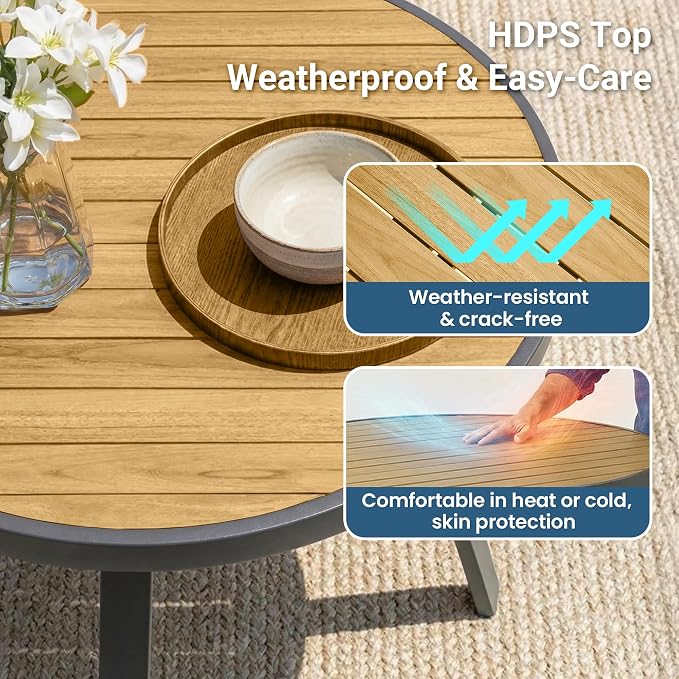 Wisteria Lane Patio Table and Chairs for 4, Outdoor Patio Dining Furniture Set with Aluminum Table and Metal Textilene Chairs, All-Weather Patio Table Set with HDPS Round Tabletop for Garden Porch