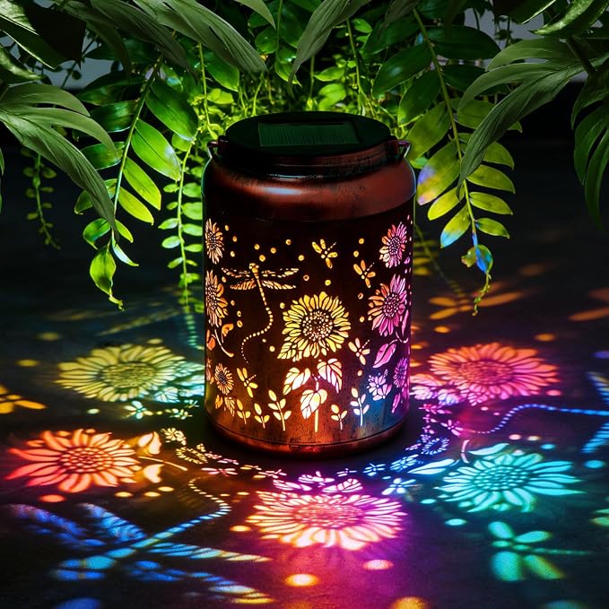 Waterproof Metal Dragonfly Solar Lantern Outdoor Hanging Garden Light | Colorful LED metal Dragonfly lantern; durable, waterproof outdoor decor perfect for patio, yard, or as a gift for women